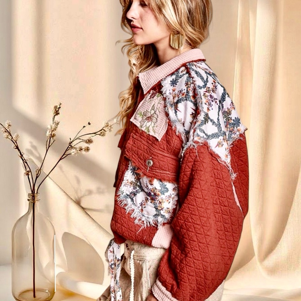 POL Quilted Patchwork Jacket Burgundy Floral Boho Cottagecore Zip Jacket - Picture 5 of 9